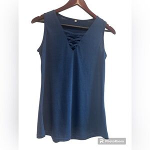 Dark blue “lace up” front sleeveless women’s blouse size Medium top. Vacation